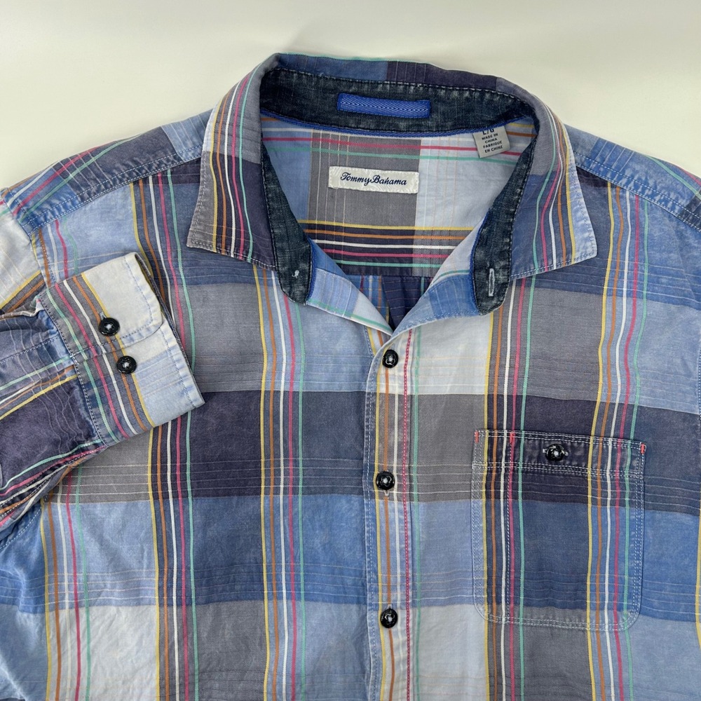 Tommy Bahama Button Down Shirt Mens Large Blue Plaid Cotton Tencel Coastal